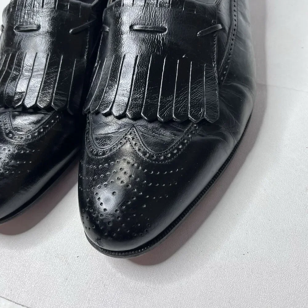 Vintage Florsheim Black Leather Kiltie Fringe Wingtip  Loafers Mens Size 10.5 D